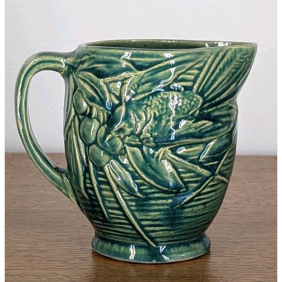 Early McCoy Bird and Cherries Art Pottery Pitcher Green Glaze Made In USA - Picture 1 of 9